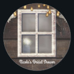 Sticker Rond Rustic Country Grange Fenêtre Lumières & dentelle<br><div class="desc">Fenêtre rustique de la grange Lumières & dentelle Favor. Customisez avec le texte que vous voulez.</div>