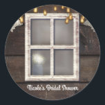 Sticker Rond Rustic Country Grange Fenêtre Lumières & dentelle<br><div class="desc">Fenêtre rustique de la grange Lumières & dentelle Favor. Customisez avec le texte que vous voulez.</div>