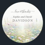 Sticker Rond Rustic Country Watercolor Fleur sauvage Mariage<br><div class="desc">Design de charme avec fleurs sauvages d'aquarelle douce,  calligraphie moderne. Utilisez l'outil Personnaliser pour ajouter vos informations. Les éléments correspondants se trouvent dans ma collection de Mariages Fleur sauvage.</div>