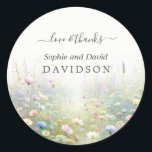 Sticker Rond Rustic Country Watercolor Fleur sauvage Mariage<br><div class="desc">Design de charme avec fleurs sauvages d'aquarelle douce,  calligraphie moderne. Utilisez l'outil Personnaliser pour ajouter vos informations. Les éléments correspondants se trouvent dans ma collection de Mariages Fleur sauvage.</div>
