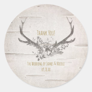 Sticker Rond Rustic Deer Antlers & White Birch Vintage Wedding