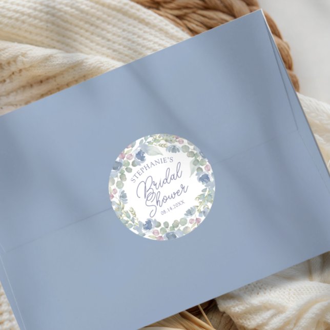 Sticker Rond Rustic Dusty Blue Floral Wreath Bridal Shower (Créateur téléchargé)