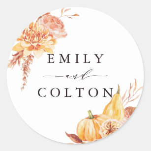 Sticker Rond Rustic Fall Gold Floral Citrouille Mariage