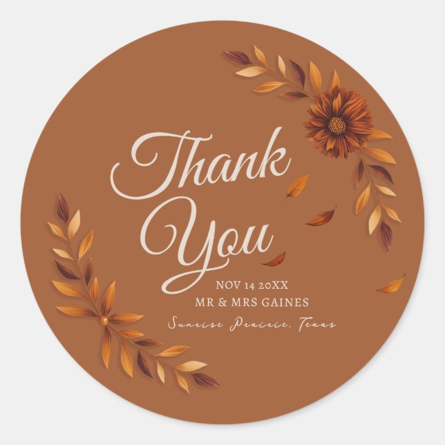 Sticker Rond Rustic Fall Leaves Burnt Sienna Wedding Thank You  (Devant)