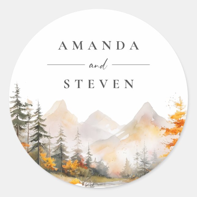 Sticker Rond Rustic Fall Mountain Pine Forest Wedding (Devant)