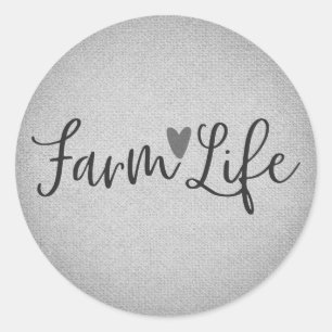 Sticker Rond Rustic Farm Life Gris Burlap Texture Whimsical