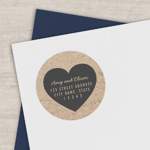Sticker Rond Rustic Faux Kraft Grey Heart Couple Adresse de ret