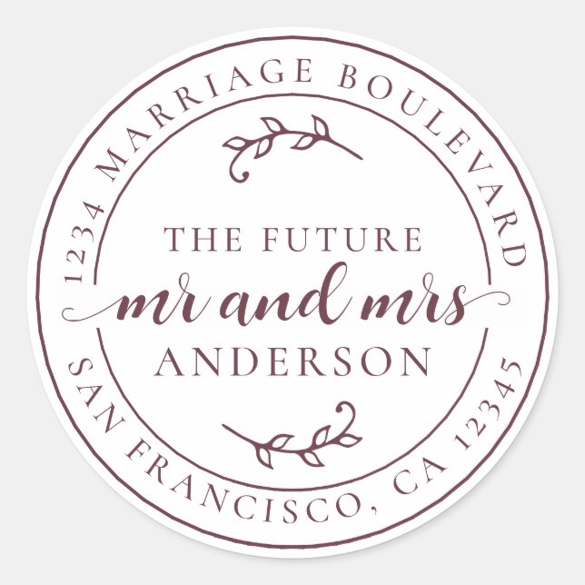 Sticker Rond Rustic Future M. Mme Burgundy Adresse de retour (Devant)