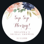 Sticker Rond Rustic Gold Leaves Sip Sip Hooray Enterrement de V<br><div class="desc">Cette autocollante de faveur de shower de mariage rustique gold leaves sip sip hooray est parfaite pour un shower de mariage moderne. Le design présente des fleurs et des feuilles dorées,  vertes,  bordeaux,  blush,  violettes et navy aquarelles dessinées à la main.</div>