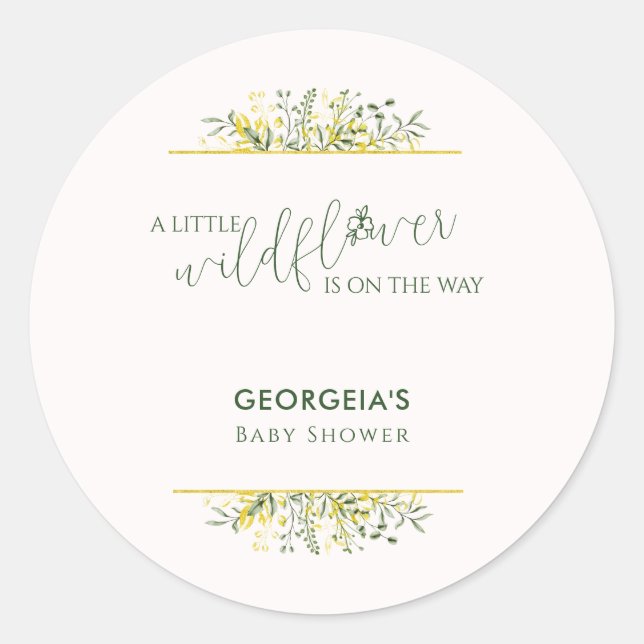 Sticker Rond Rustic Golden Frame Wildflower on Way  Baby Shower (Devant)