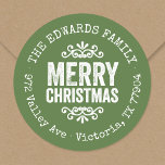Sticker Rond Rustic Green Christmas Circle Retourner l'adresse<br><div class="desc">Des autocollants d'adresse de retour imprimés et imprimés sur mesure et abordables, personnalisés avec votre nom de famille et votre adresse de retour. Ce design de vacances moderne et rustique présente des lettres MERRY CHRISTMAS en détresse sur un arrière - plan vert. Utilisez les outils de conception pour choisir n'importe...</div>