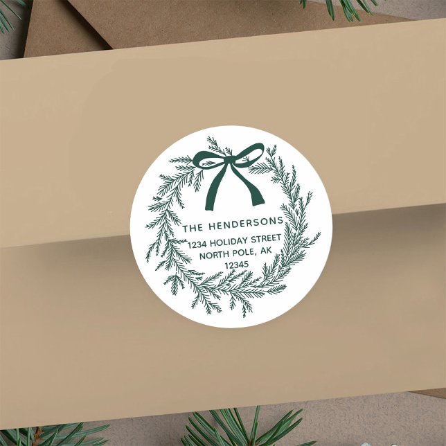 Sticker Rond Rustic Green Christmas Pine Wreath Return Address  (Créateur téléchargé)