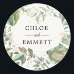 Sticker Rond Rustic Green White Gold Botanical Heart Mariage<br><div class="desc">Un cadre élégant et élégant en or fin en forme de coeur entoure vos noms. Les feuilles botaniques rustiques verts sont placés pour mettre l'accent sur la forme du coeur. Il y a une grande variété de nuances vertes, du vert sauge, vert olive au vert chasseur. Les feuilles fluides et...</div>