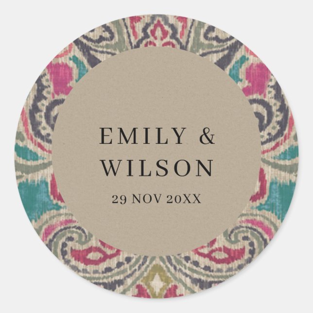 STICKER ROND RUSTIC KRAFT BOHO TRIBAL IKAT PINK MARIAGE TURQUOI (Devant)