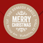 Sticker Rond Rustic Kraft Christmas Circle Retourner l'adresse<br><div class="desc">Des autocollants d'adresse de retour imprimés et imprimés sur mesure et abordables, personnalisés avec votre nom de famille et votre adresse de retour. Ce design de vacances rustique moderne présente des lettres MERRY CHRISTMAS en mauvais état sur un arrière - plan en papier imitation kraft. Utilisez les outils de conception...</div>