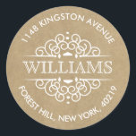 Sticker Rond Rustic Kraft Ornate Swirls Adresse de retour perso<br><div class="desc">Ajoutez facilement votre adresse de retour en utilisant ces autocollants simples mais très tendance. Ce design unique comprend votre nom et votre adresse à l'intérieur d'un autocollant en forme de cercle avec un design tendance orné.</div>