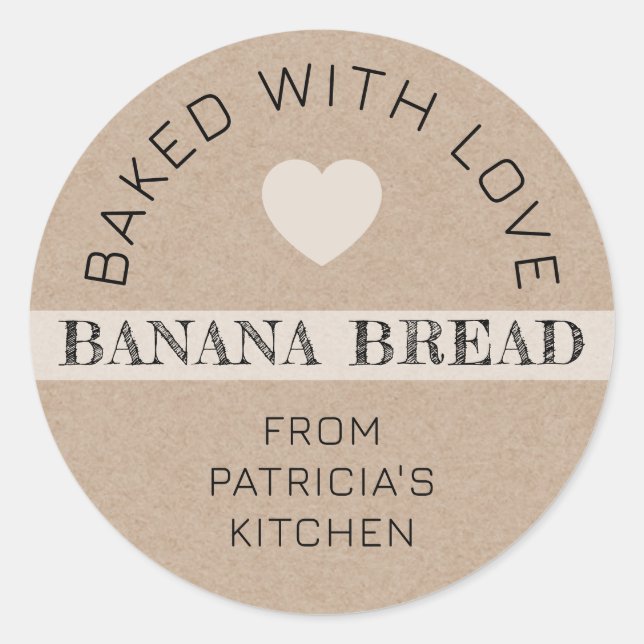 Sticker Rond Rustic Kraft Paper Baked With Love Banana Bread (Devant)