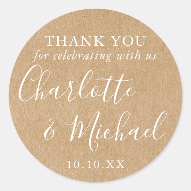 Sticker Rond Rustic Kraft Signature Mariage Favoriser Merci (Devant)