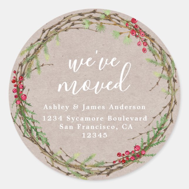 Sticker Rond Rustic Kraft Wreath We’ve Moved Address (Devant)
