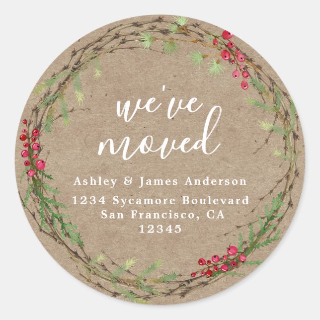 Sticker Rond Rustic Kraft Wreath We’ve Moved Address (Devant)