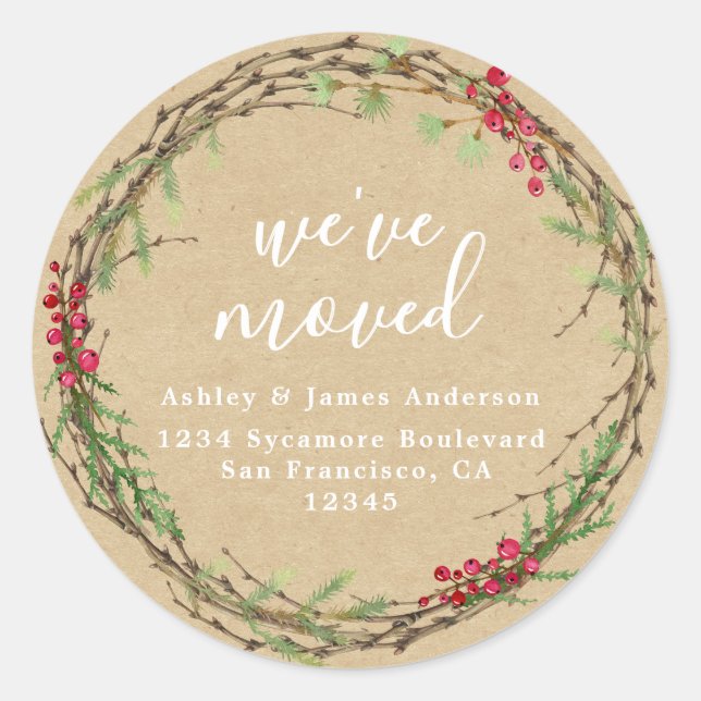 Sticker Rond Rustic Kraft Wreath We’ve Moved Address (Devant)