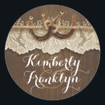 Sticker Rond Rustic Lace Horseshoe Pays Mariage Brown<br><div class="desc">championnat rustique fer à cheval couple bois et dentelle autocollants de mariage</div>