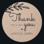 Sticker Rond Rustic Laurel Leaf Merci Mariage<br><div class="desc">Papier kraft rustique avec script feuille de laurier merci pour l'autocollant mariage ou occasion spéciale.</div>