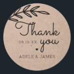 Sticker Rond Rustic Laurel Leaf Merci Mariage<br><div class="desc">Papier kraft rustique avec script feuille de laurier merci pour l'autocollant mariage ou occasion spéciale.</div>