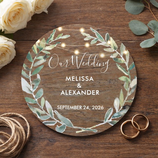 Sticker Rond Rustic leaves on wood string lights wedding (Rustic leaves on wood string of lights wedding classic round sticker. For your rustic wedding.)