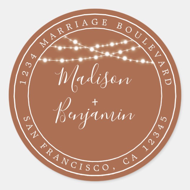 Sticker Rond Rustic Lights TerraCotta Mariage Adresse de retour (Devant)