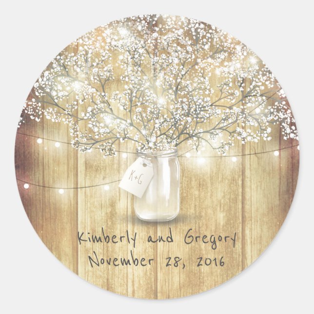 Sticker Rond Rustic Mason Jar illumine le Mariage du souffle du (Devant)