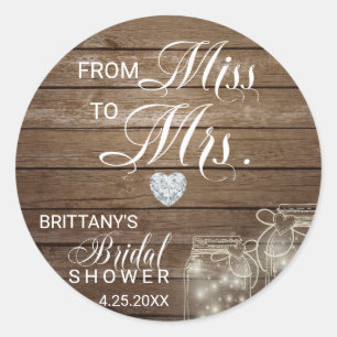 Sticker Rond Rustic Mason Jars Wood Miss à Mme Fête des mariées