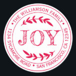 Sticker Rond Rustic Modern Christmas Joie Retour Adresse Rouge<br><div class="desc">sticker d'adresse de retour de famille de Noël avec votre nom et adresse en encre rouge typographie stylisée comprend le texte JOY en typographie manuscrite avec une touche de feuillage rustique. Ajoutez simplement votre nom et votre adresse. Conçu exclusivement pour vous par Happy Dolphin Studio. Si vous avez besoin d'aide...</div>