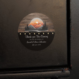 Sticker Rond Rustic Mountain Valley Forest Sunset Wedding Favor