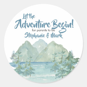 Sticker Rond Rustic Mountains Watercolor Baby shower d'aventure