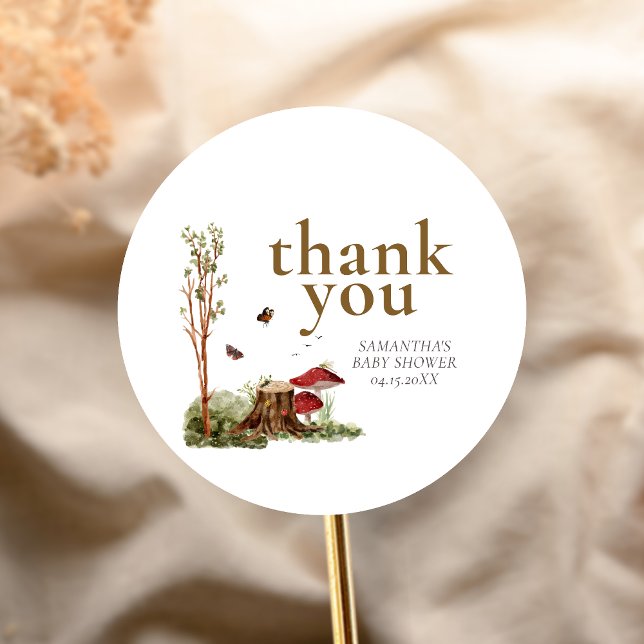 Sticker Rond Rustic Mushroom Woodland Baby Shower (Mushroom Rustic Woodland Baby Shower Sticker)