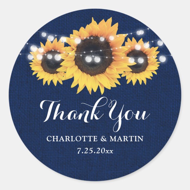 Sticker Rond Rustic Navy Blue Burlap Sunflower Mariage Faveur (Devant)