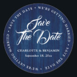 Sticker Rond Rustic Navy Blue Typographie Mariage Enregistrer L<br><div class="desc">Mariage rustique bleu marine enregistrer les autocollants de date avec une police de script élégante.</div>