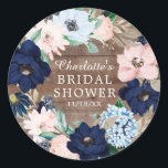 Sticker Rond Rustic Navy & Blush Floral Fête des mariées Favori<br><div class="desc">Beau autocollant de douche nuptiale en bois rustique avec couronne bleu marine et couronne de fleurs rose rousse. Visitez notre boutique pour voir toute notre collection de fleurs de marine!</div>