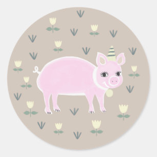 Sticker Rond Rustic Pink Vintage Farm Pig Illustration