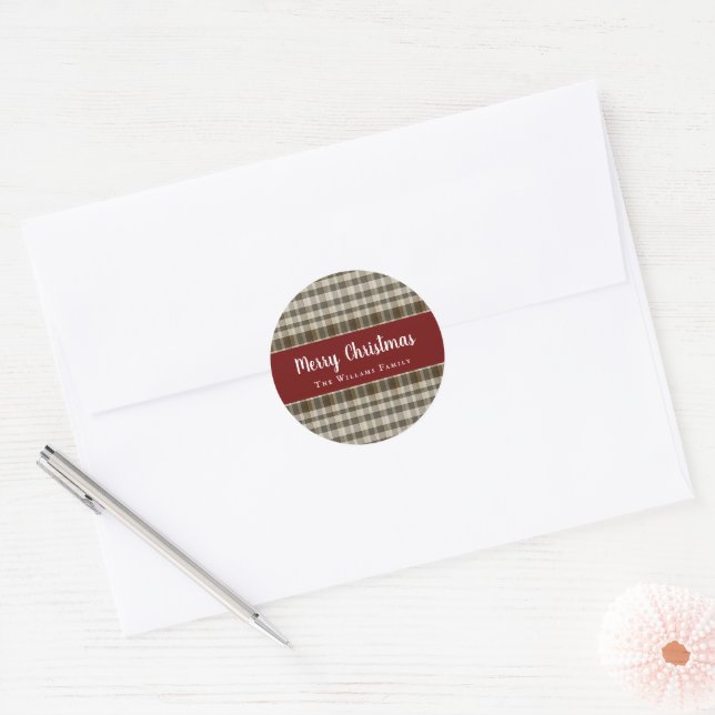 Sticker Rond Rustic Plaid Classic Joyeux Noël (Enveloppe)