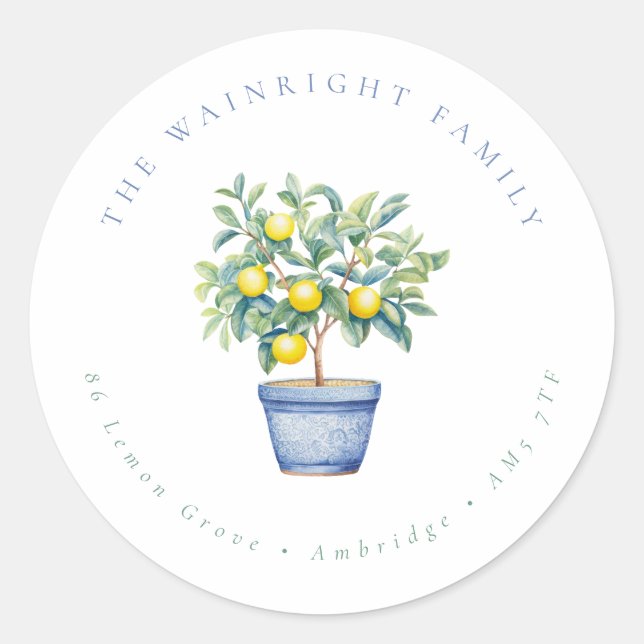 Sticker Rond Rustic Poted Lemon Tree Family Adresse de retour (Devant)