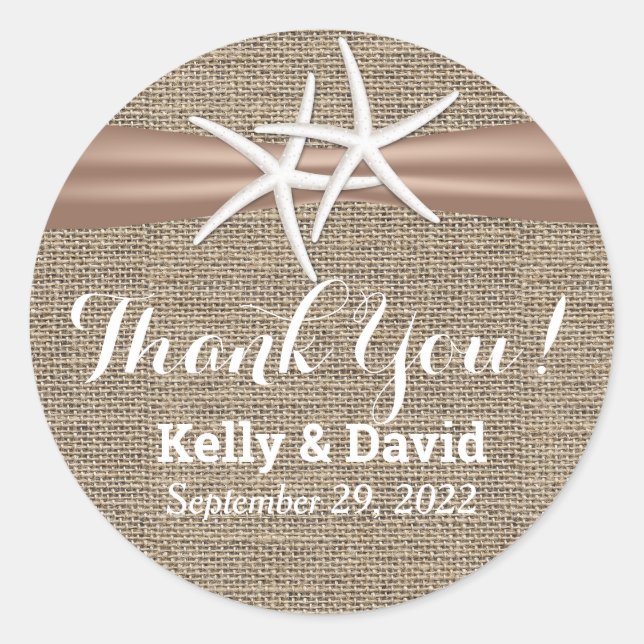 Sticker Rond Rustic Starfish & Burlap Wedding Favor (Devant)