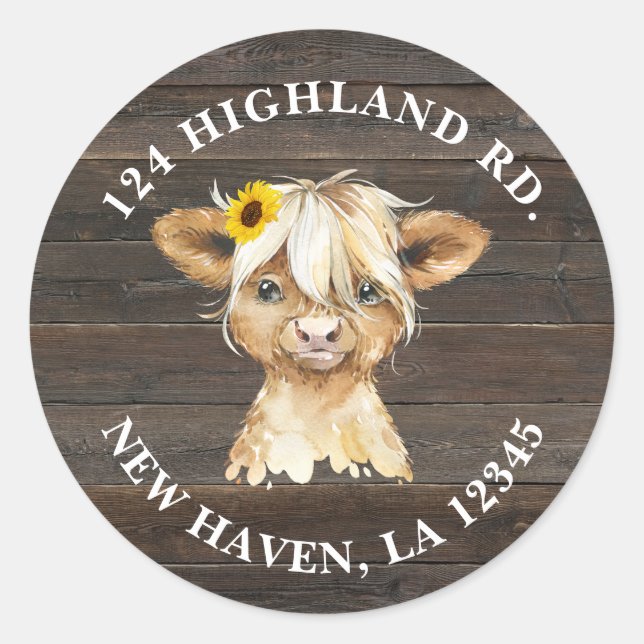 Sticker Rond Rustic Sunflower Highland Cow Baby shower Adresse (Devant)