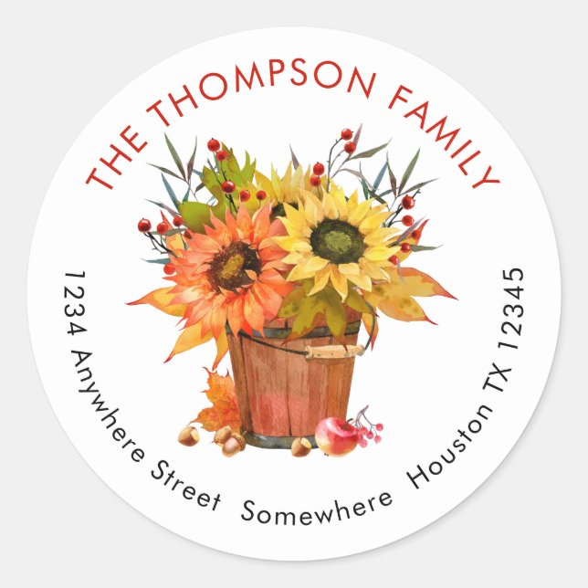 Sticker Rond Rustic Sunflower Nom d'automne Adresse de retour (Devant)