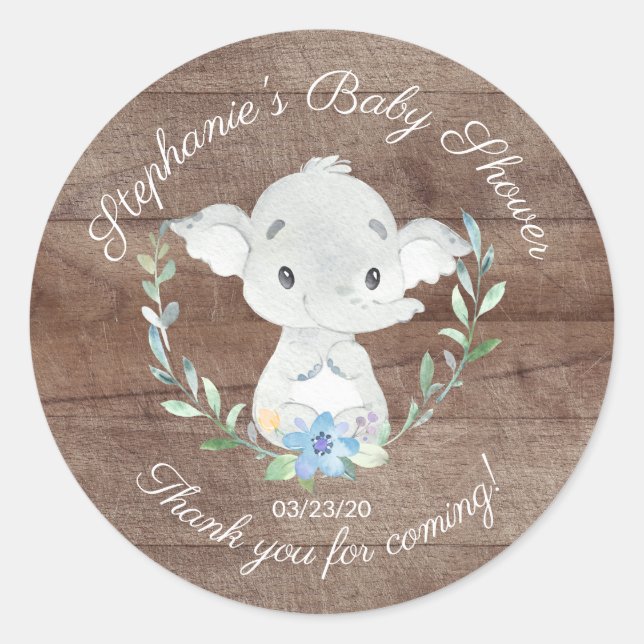 Sticker Rond Rustic Sweet Elephant Boys Baby shower Favoriser (Devant)