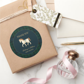 Sticker Rond Rustic Tartan Plaid Horse Baby Shower 