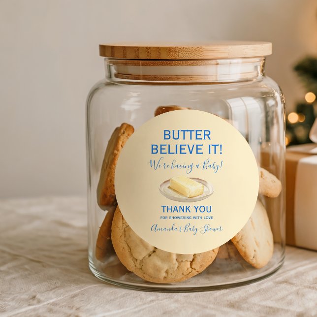 Sticker Rond Rustic Theme Butter Yellow Blue Baby Shower  (Créateur téléchargé)