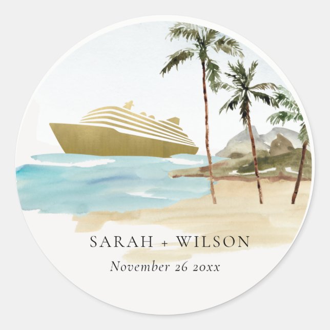 Sticker Rond Rustic Tropical Beach Cruise Palm Mariage (Devant)