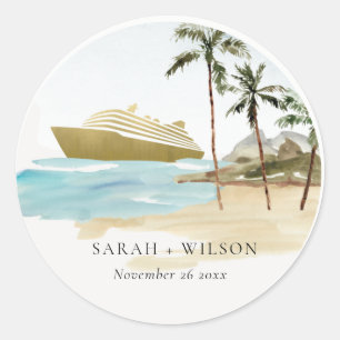 Sticker Rond Rustic Tropical Beach Cruise Palm Mariage